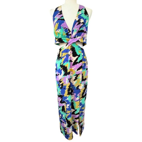 ASOS Halter Neck Cut Out Midi Dress in Bright Multi-Colored Sketch Print Size 10 - Picture 2 of 9